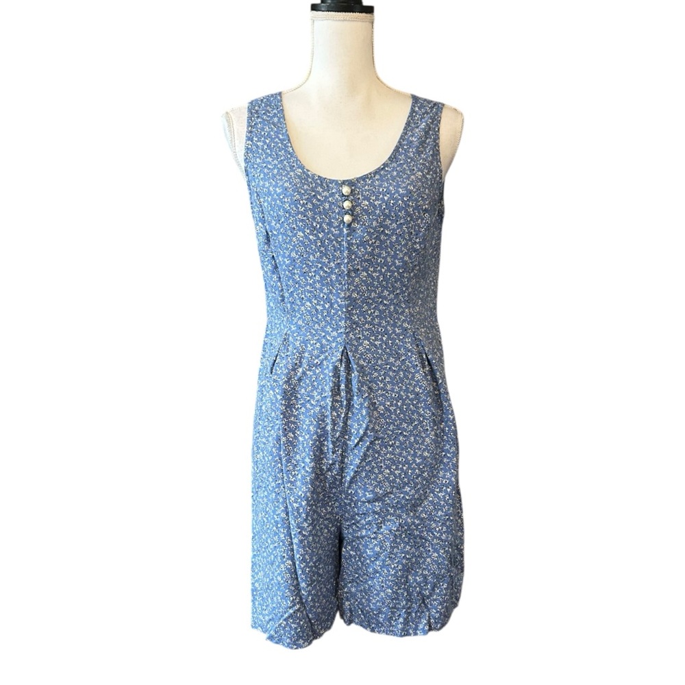 Vintage Moda International Blue Ditsy Floral Sleeveless Romper with Pearl Button